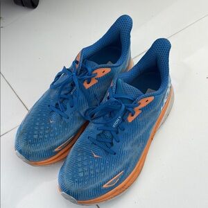 Hoka Blue and Orange Athletic Shoes Clifton 9